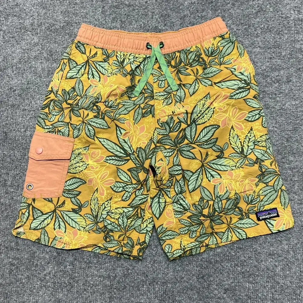 Patagonia Baggies Shorts Boys Medium Yellow Floral Swim Trunks Mesh Lined